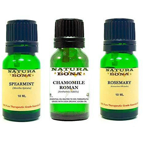 Essential Oil Set, 10 ml 3 Pack - Spearmint, Chamomile, Rosemary (Euro Droppers)