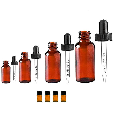 Amber Glass Calibrated Dropper Bottles; Pack of 4 (.5oz, 1oz, 2oz, 4oz) and 4 Euro Droppers; 6ml