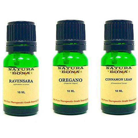 Essential Oil Set, 10 ml 3 Pack - Ravensara, Oregano, Cinnamon Leaf (Euro Droppers)