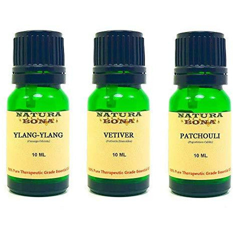 Essential Oil Set, 10 ml 3 Pack - Vetiver, Ylang-Ylang, Patchouli (Euro Droppers)