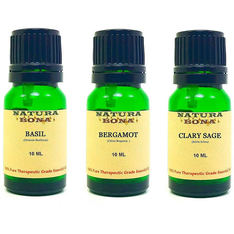 Essential Oil Set, 10 ml 3 Pack - Basil, Bergamot, Clary Sage (Euro Droppers)