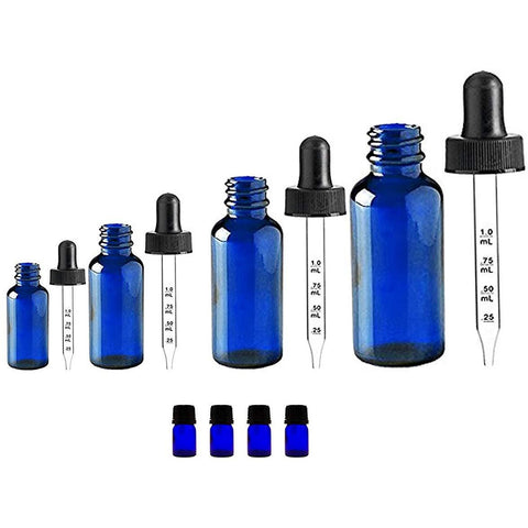 Cobalt Glass Calibrated Dropper Bottles; Pack of 4 (.5oz, 1oz, 2oz, 4oz) and 4 Euro Droppers; 6ml