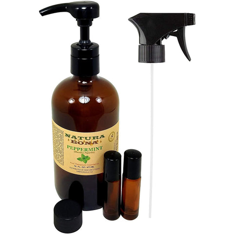 Peppermint Essential Oil 16 oz Spray/Pump in Amber Glass Bottle with 2, 7ml Roller Bottles