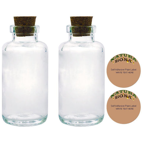 Natura Bona Apothecary Glass Bottles with Tapered Cork, 6oz/170g Clear Thick Glass with Two Blank Adhesive Labels. (2, 6oz Bottle)
